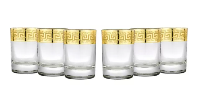 Gold Rimmed Shot Glasses Greek Key Pattern - Lead Free 2.5 oz Vodka Shooters 6pc