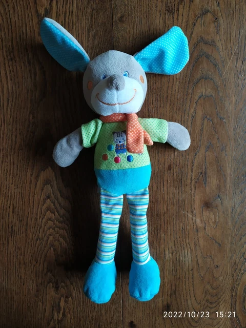 Doudou peluche Chien bleu vert  MOTS D'ENFANTS / écharpe orange à pois TTBE