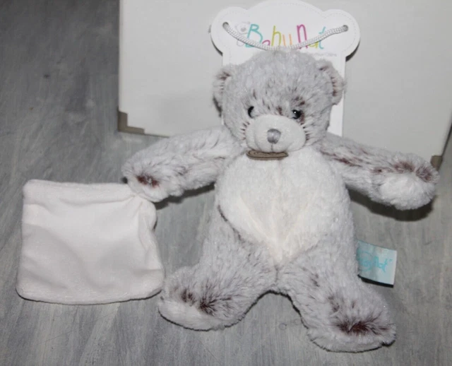 DOUDOU peluche BABYNAT LES  FLOCONS OURS MARRON GRIS MOUCHOIR BLANC neuf support