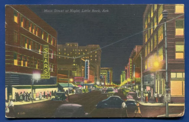 Night view of Main Street Little Rock Arkansas ar linen postcard