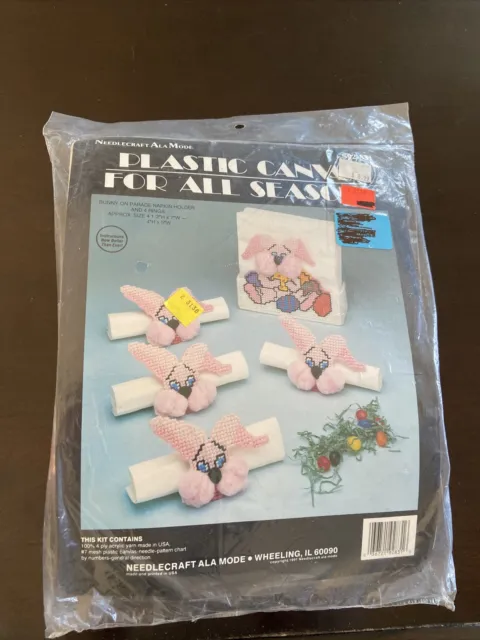 Kit de lona de plástico vintage soporte para servilletas conejito, 4 anillos Pascua nuevo en paquete rosa
