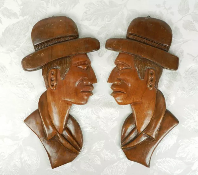 2 Vtg Carved Wood Wall Hangings Mayan Tribal Figure w-Hat Honduras 14.5" H MCM
