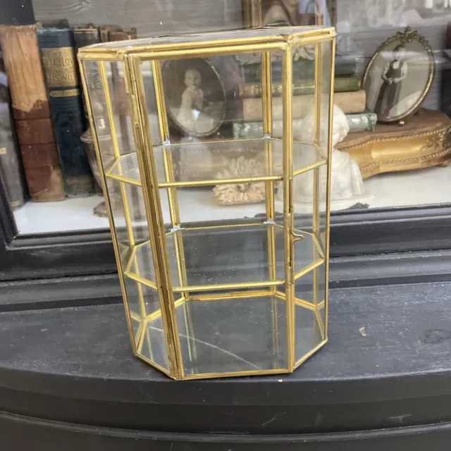 Vintage Brass Glass Mirrored Curio Cabinet Hollywood  Regency Shelf