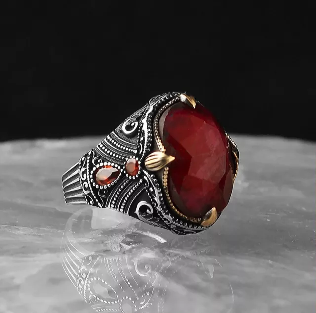 Red Ruby Stone 925 Sterling Silver  handmade new ottoman style ring For Men #10