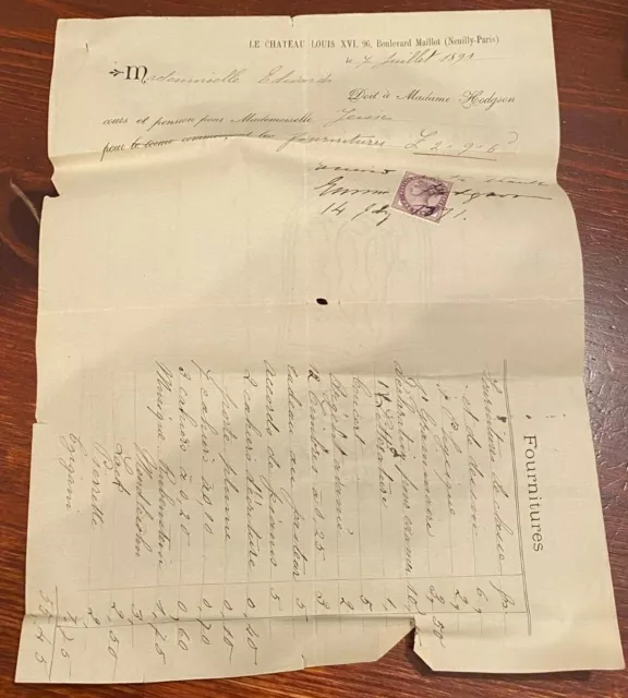 Antique Ephemera 1891 Reciept From Paris Hotel With Penny Purple GB Stamp