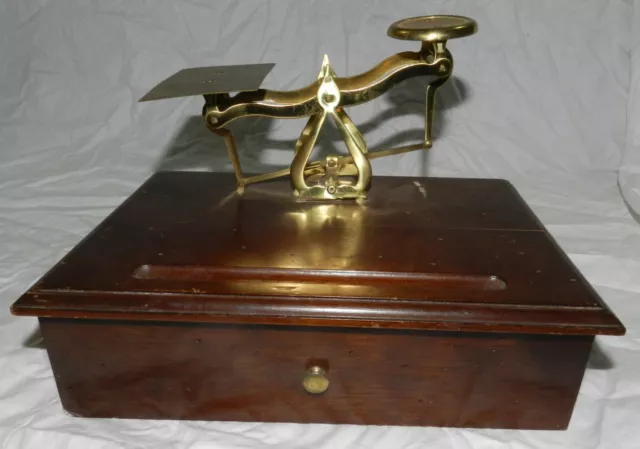 Decorative Postal Scale on wood box with brass weights