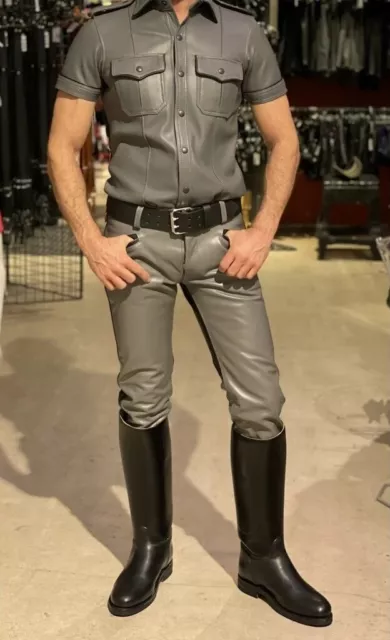 Mens Real Leather Police Uniform Biker Breeches Pant and Shirt Gay BLUF Uniform