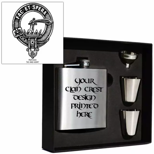 Art Pewter Matheson Clan Crest 6oz Hip Flask Box Set (s) HF6 S-C83 Scottish