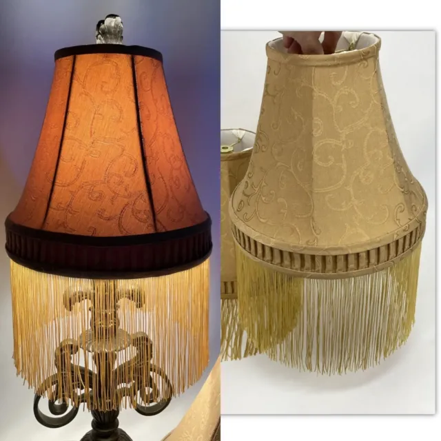 Pair 2 Buffet Lamp Shades Boho Victorian Art Deco Gold Fabric Long Fringe 10x10”