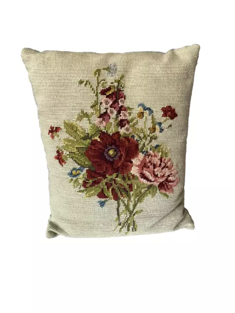 Vintage Handmade Needlepoint Pillow Rectangular Floral Flower Bouquet Roses Wool