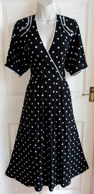 JOE BROWNS Black White Spotted Empire Flippy Evening Party Jersey Dress Size 16