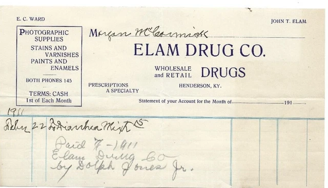 Elam Drug Co Henderson KY 1910s Billhead Drugs Stains Paints Enamels