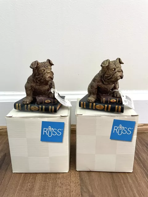 Lot Of (2) Russ Berrie Bulldog Statue Sitting On Books Executive Suite 16015