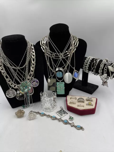 Job Lot X 34 Vintage Modern Silver Tone Costume Jewellery