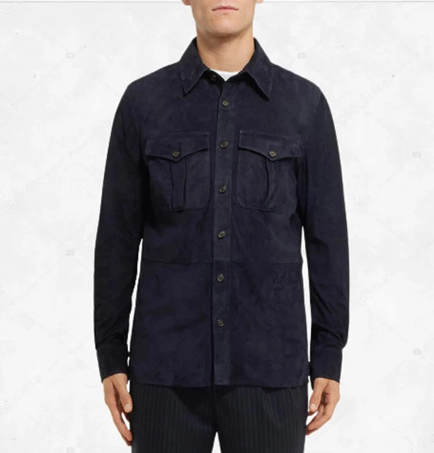 Chemise Homme En Cuir Daim Bleu Marine - Coupe Slim Manches Longues - Sur Mesure