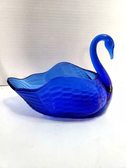 Vintage Cobalt Blue Open Swan Textured Glass Dish