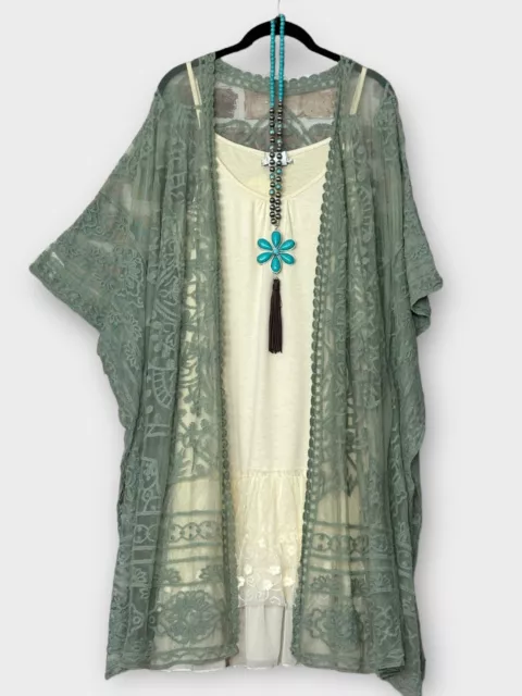 Plus Size Boho Hippie Floral Ethnic Embroidered Kimono Sage Cardigan Duster