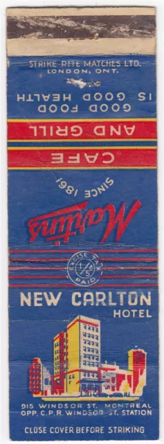 Canada Revenue 1/5¢ Excise Tax Matchbook "NEW CARLTON HOTEL" Montreal
