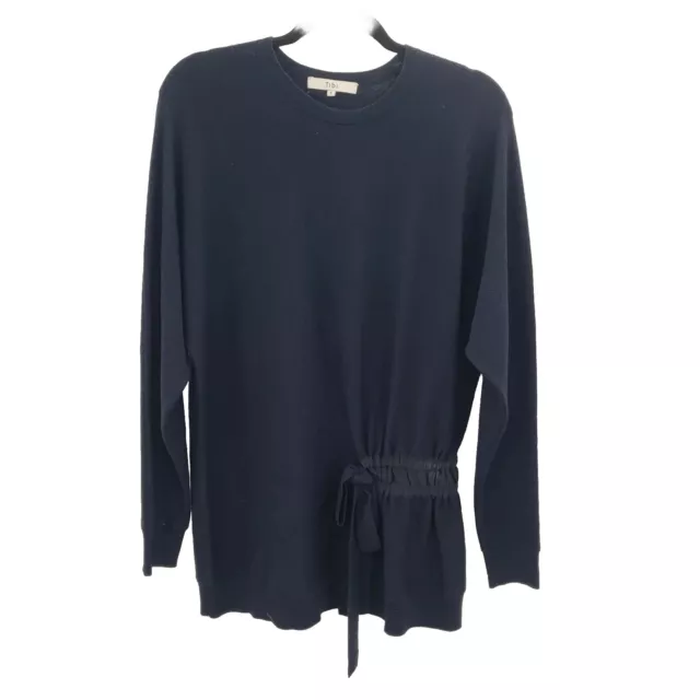 Tibi Small Navy Blue Sweater 100% Merino Wool Drawstring Waist Long Sleeve Tunic