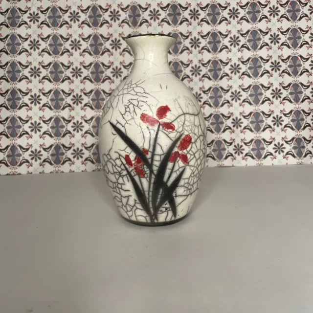 Artist Signed Raku Studio Pottery Vase Crackle White Glaze With Cherry Blossoms