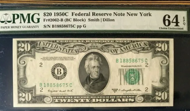 1950C $20 Federal Reserve Note New York, Pmg64 Epq Choice Uncirculated      3828