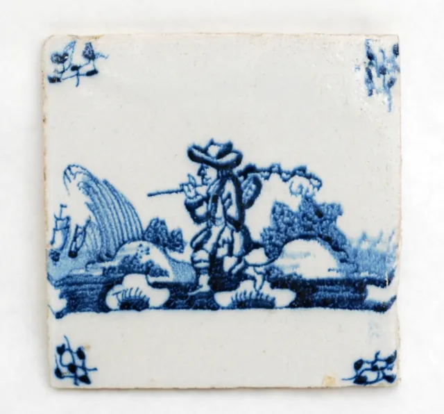 Antique / Vintage Delft Dutch Blue & White 5" Tile - Fishing Scene Hand Painted