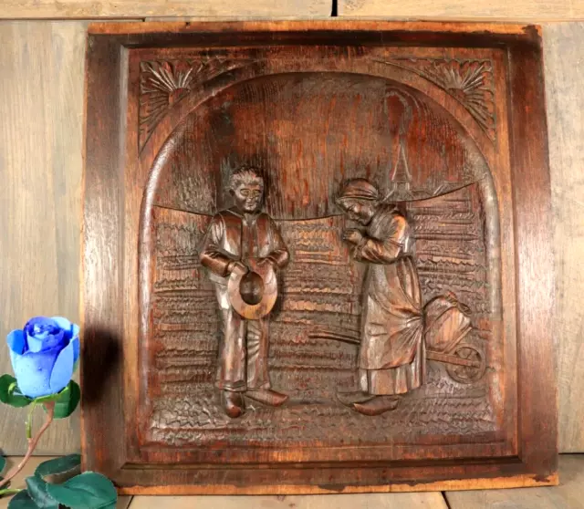 Antique French Breton Hand Carved Wood Panel Plaque Architectural Salvage 1800s