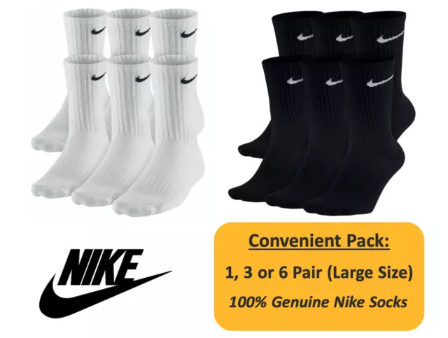 3 or 6 Pack Nike Performance Cotton Men Women Unisex Crew Socks Black White L