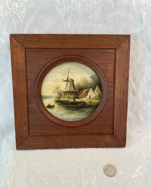 Old Antique Signed du Chattel Dutch Landscape Oil Painting Porcelain Tile Art