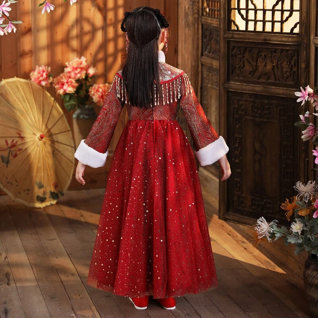 Ragazza Hanfu Abito Ricamato Pelliccia Finta Bordo con Nappa Avvolgere Spesso 4