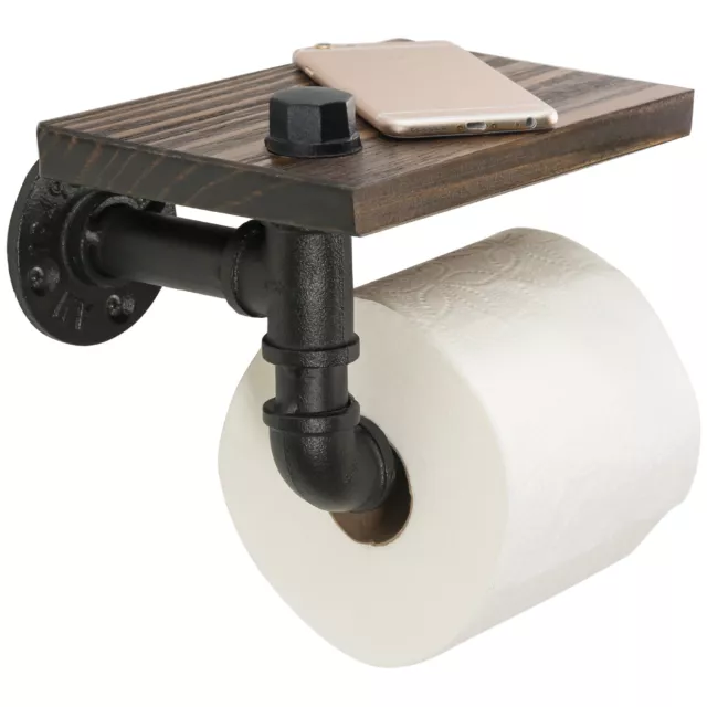 Industrial Toilet Paper Holder With Rustic Wooden Shelf And Cast Iron Pipe