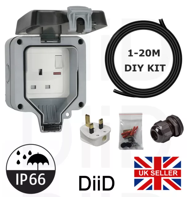 Outdoor Single Plug Socket 1m - 20m | DIY Outside Extension Lead | Waterproof