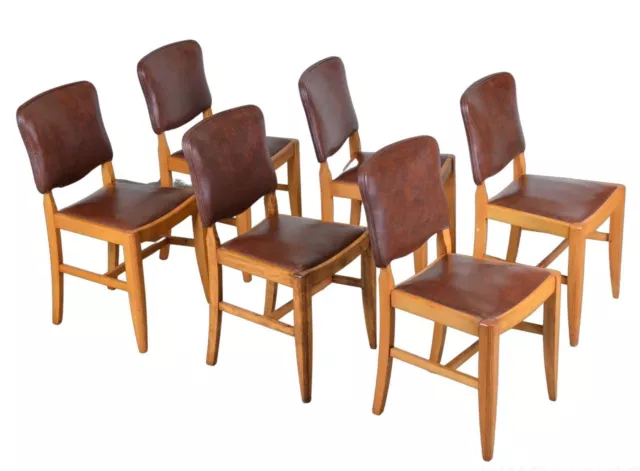 Suite Of Six Antique Brown Leather & Walnut  Dining Chairs