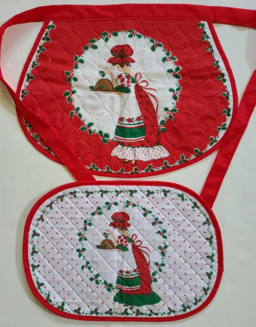 Vtg Christmas Table mat place & Apron 1978 Marked CSC Unused Colonial Girl Red