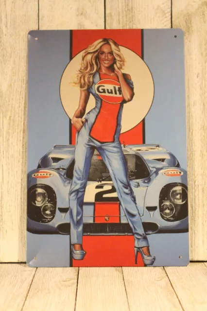 Gulf Racing Pinup Girl Tin Sign Gas Motor Oil Vintage Look Garage Mechanic XZ