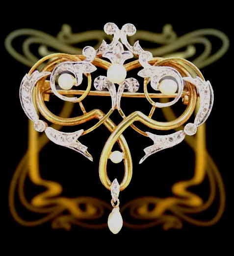 Art Nouveau à Paris Gold 18K Platin & Brillanten Perlen Antike Jugendstilbrosche