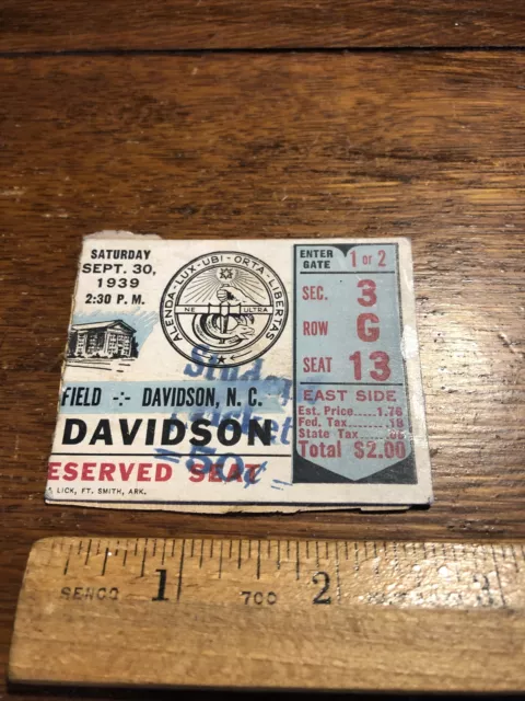 Vintage Sept 30 1939 ticket stub Davidson College Vrs Duke  football Game