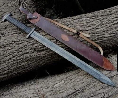Épée Viking En Acier Damas Fait À La Main De 35 Pouces Avec Gaine En Cuir