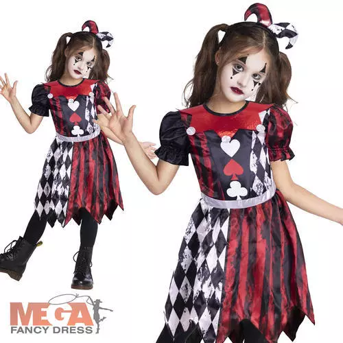 Girls Red Jester Clown Circus Scary Twisted Kids Halloween Fancy Dress Costume