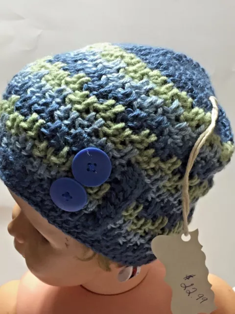 Auntie T Handmade Crochet Knit Beanie Hat BLUE GREEN with Buttons Childs