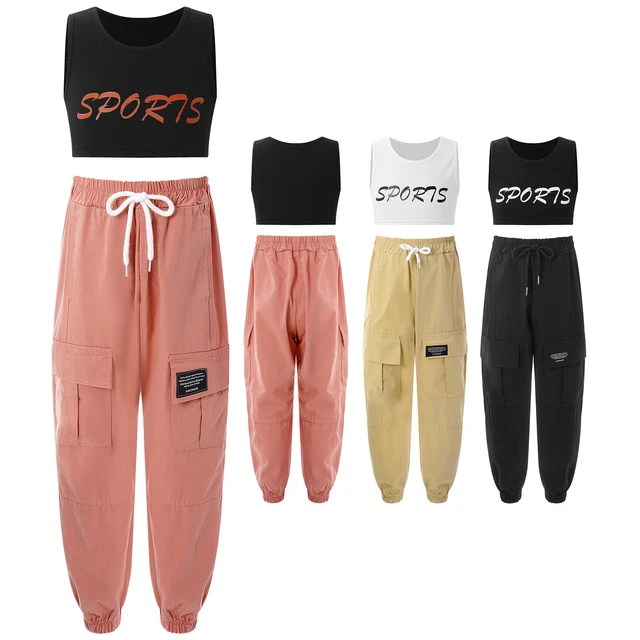 Kids Girls Tracksuit Hip-hop Dance Performance Outfits Crop Top Long Pants Set