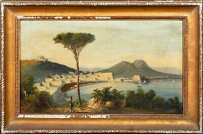 19th Century Italian School Neapolitan Bay Of Naples Landscape Mount Vesuvius