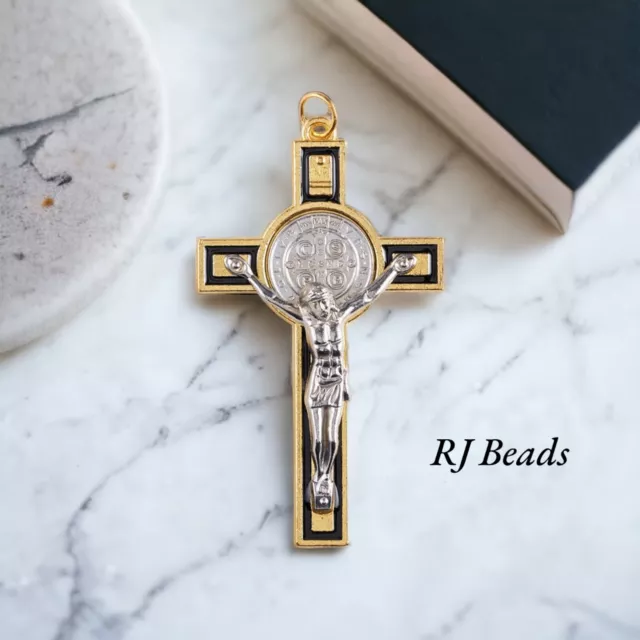 2-7/8" · Gold Saint St Benedict Black Crucifix Crosses · Rosary Charm Pendant