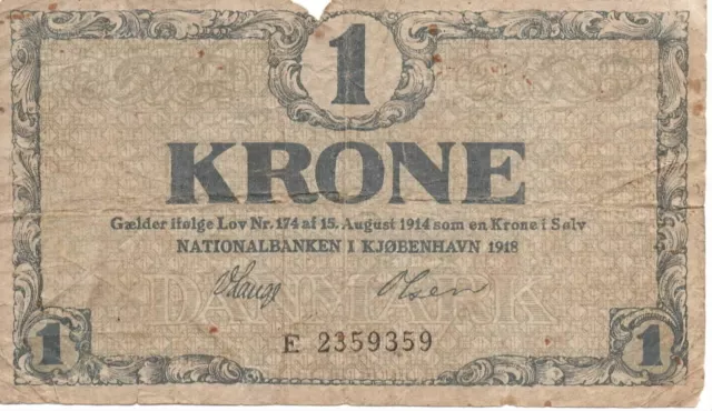 Denmark 1 Krone 1918 Circulated Vintage Banknote Foreign World Paper Money