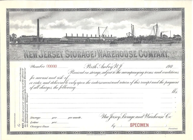 New Jersey Storage & Warehouse Company, Perth Amboy, 1900s, SPECIMEN Receipt