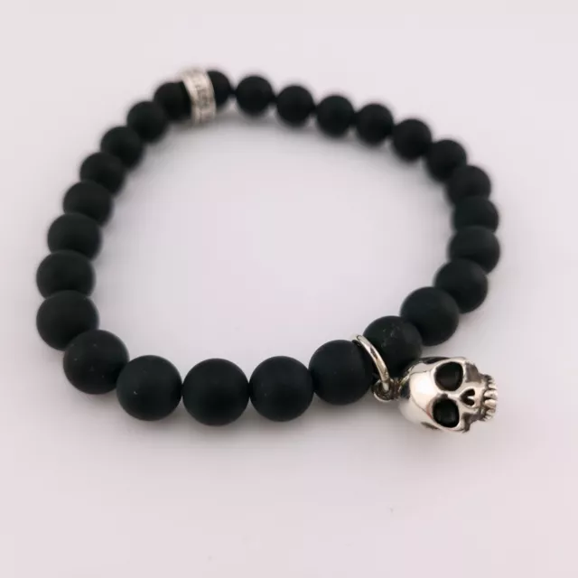 King Baby Studio Sterling Silver Skull 8mm Matte Black Onyx Beaded Bracelet USA