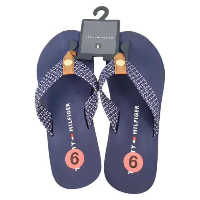 Tommy Hilfiger Flip Flops Sandals Women Size 6 Navy Flat Slip On Comfort TH Logo