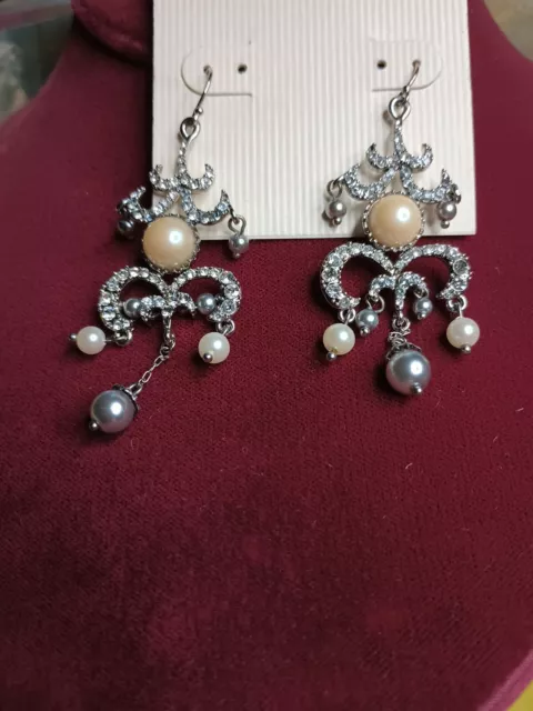 Vintage Carolee Pearl Crystal  Chandelier Drop Earrings New W/ Tag Silver tone 3