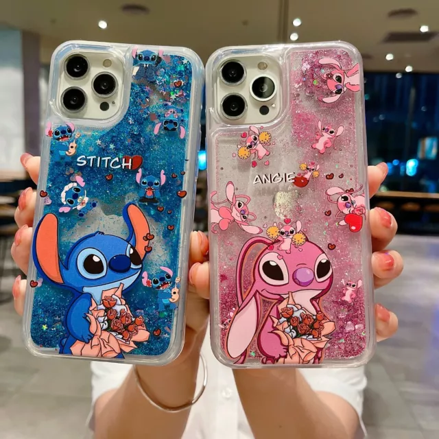 For Various Phone Cartoon Cute Rose Stitch Liquid Bling Quicksand Case Cover