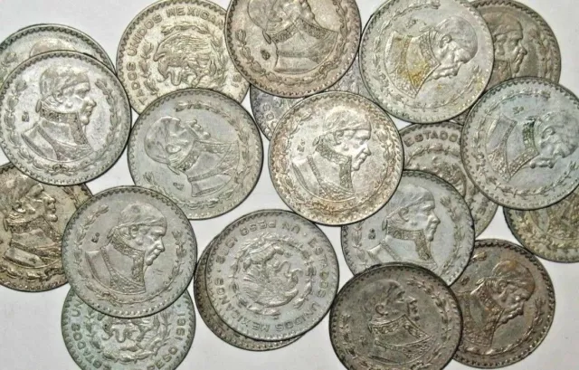 5 Large Silver Mexico Un Peso Coins! Five One Peso Mexican Coins!!